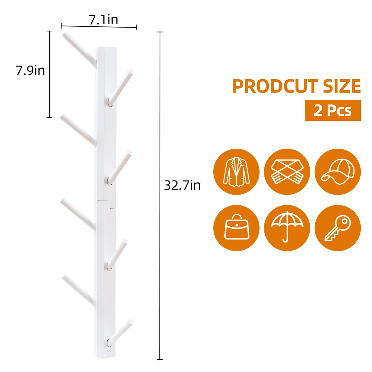 TIOPGHAD 2 Pack Coat Rack Vertical Wall Mount, Bamboo Coats Hooks Clothes Holder Hanger for Wall Coat Hat Jacket Clothing Bathroom Robes Mudroom Entryway(White) TIOPGHAD