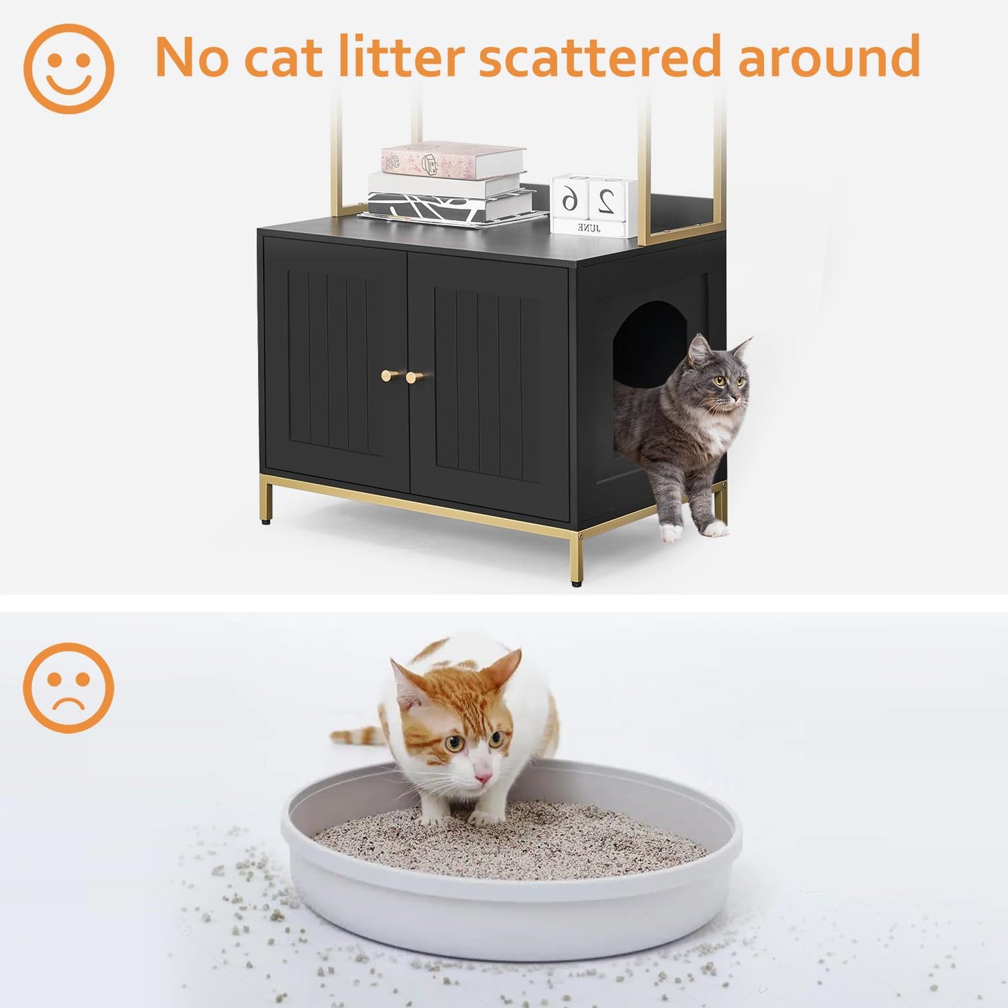 Homhedy Cat Litter Box Enclosure, Litter Box Furniture Hidden with 2-Tier Storage Shelves, Wooden Cat Washroom Furniture with Metal Frame, Cat House, Modern Style, Black and Gold