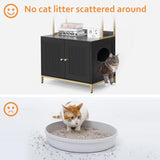 Homhedy Cat Litter Box Enclosure, Litter Box Furniture Hidden with 2-Tier Storage Shelves, Wooden Cat Washroom Furniture with Metal Frame, Cat House, Modern Style, Black and Gold Homhedy