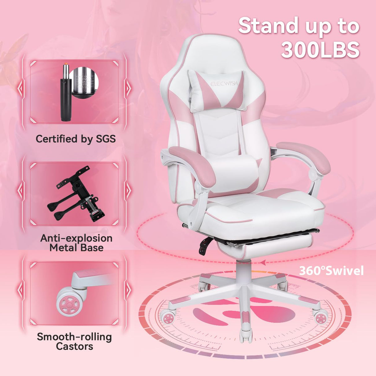 ARTETHYS Gaming Chair, Ergonomic High Back Racing PU Leather Computer Chair with Adjustable Footrest, Headrest and Lumbar Support and 90 to 150 Degree Tilt Pink ARTETHYS