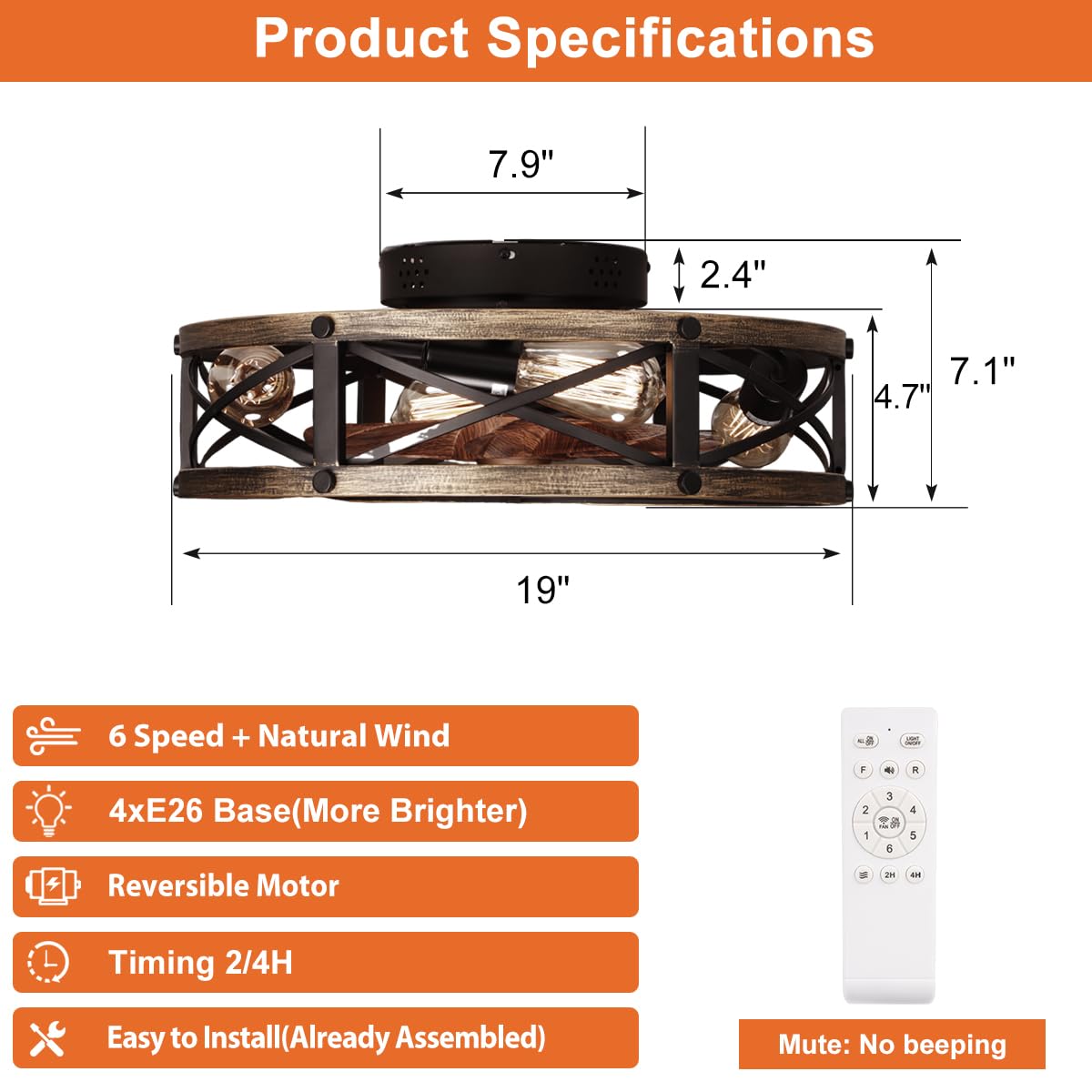 SHLUCE Farmhouse Flush Mount Caged Ceiling Fans with Lights, 6 Speeds, Rustic Low Profile Ceiling Fan with Light and Remote, Small Bladeless Ceiling Fans with Lights for Kitchen, Bedroom SHLUCE