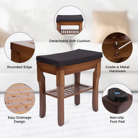 StrongTek Bamboo Shower Bench Seat with Soft Cushion, Footrest Shaving Stool with Storage Shelf, Non-Slip, Ideal for Spa Bath Seat, Bathroom, Living Room & Garden Decor, Espresso StrongTek