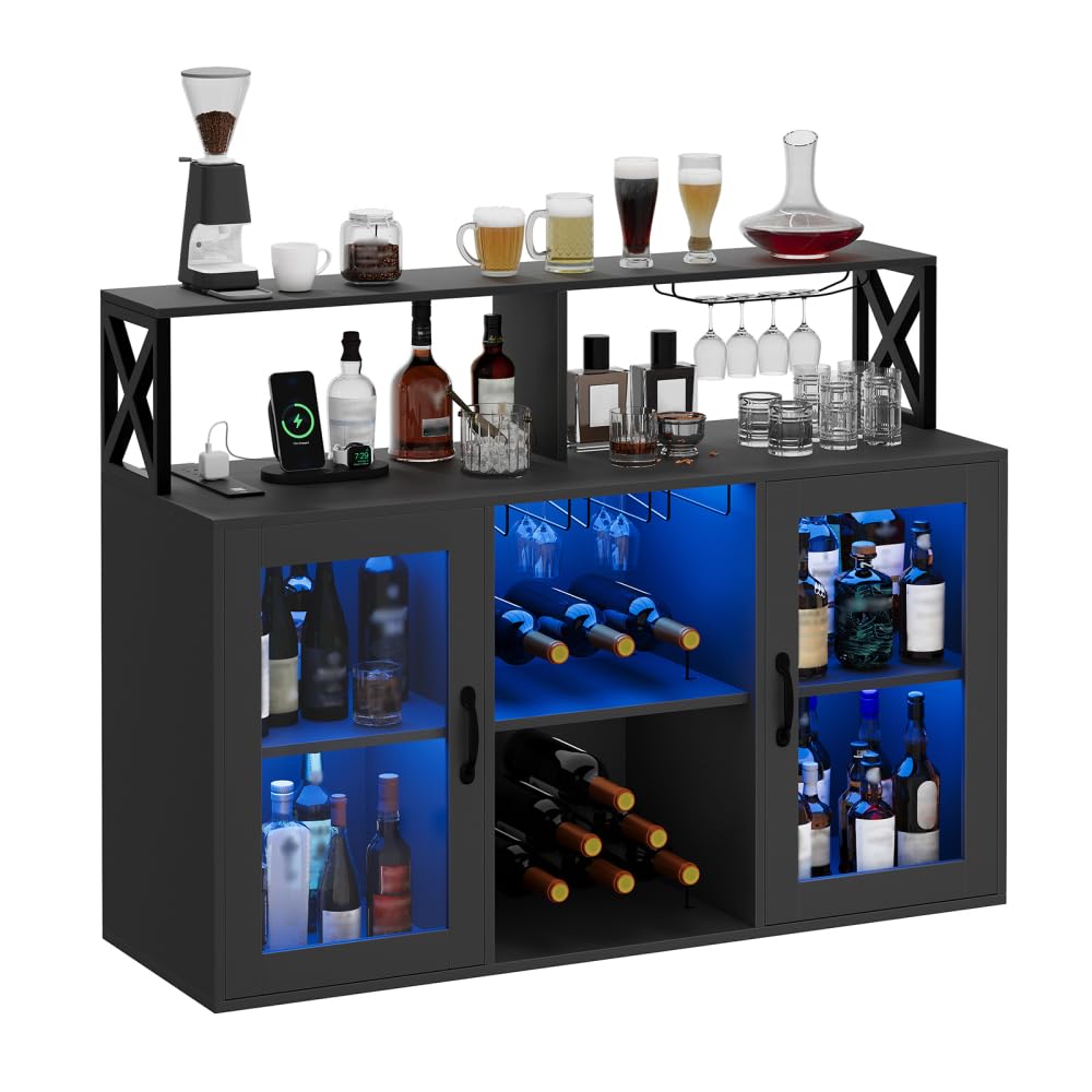 GarveeHome Bar Cabinet for Home, Liquor Cabinet with Power Outlets, Led Lights and and Glass Holder, Wine Cabinet with Storage, Wine Cabinet with Racks for Home, Kitchen Black