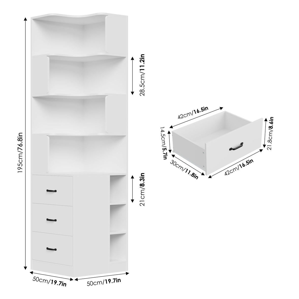 FACBOTALL 76.8” Corner Bookshelf with 3 Drawers and 3 Side Storage Cubbies, L Shaped Tall Bookshelf and Bookcase, 4 Tier Corner Bookcase, Wood Narrow Book Shelf for Living Room, Office, White FACBOTALL