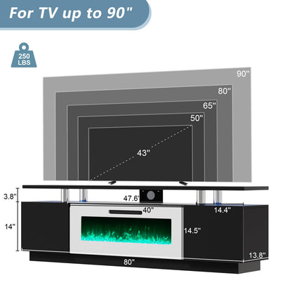 LUXOAK 80" Fireplace TV Stand, Modern High Gloss Finish Media Console with 40" Electric Fireplace, Open Storage Entertainment Center for TVs Up to 90" with LED Lights, Black/White