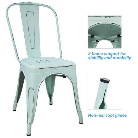 Devoko Metal Indoor-Outdoor Chairs Distressed Style Kitchen Dining Chairs Stackable Side Chair with Back Set of 4 (Blue) Devoko
