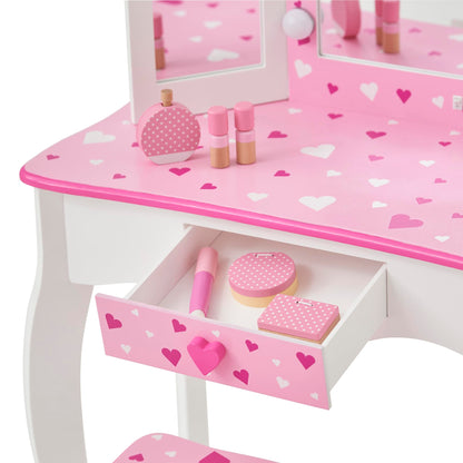 Teamson Kids Little Princess Gisele Sweethearts Print Kids Vanity Set with Matching Stool, Tri-fold Mirror with Glamour LED Lights + Storage Drawer For 3yr and up, Pretend Play House, Salon White/Pink