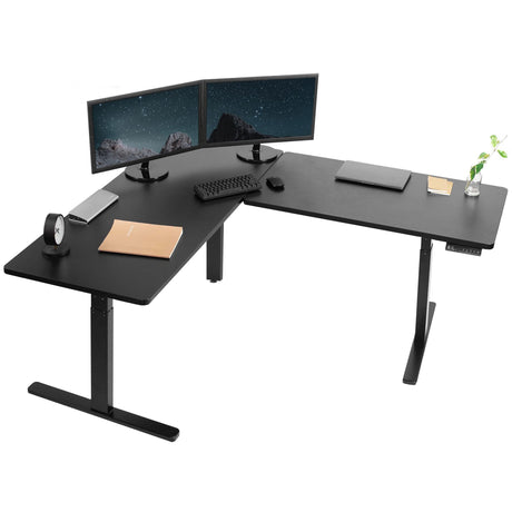 VIVO Electric Height Adjustable 67 x 60 inch Corner Stand Up Desk, 2 Black Solid Table Tops, Black Frame, Memory Controller, L-Shaped Workstation, 3E VIVO