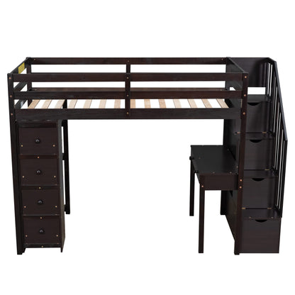 CITYLIGHT Espresso Twin Size Loft Bed with Desk, Storage Staircase, and Drawers - WoodArtSupply