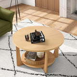 BECHAEO 31.5'' Round Coffee Table with Solid Wood Pine Legs, 2-Tier Retro Round Coffee Table with Storage Shelf, Small Modern Wood Circle Coffee Table Boho Round Center Table for Living Room (Natural)