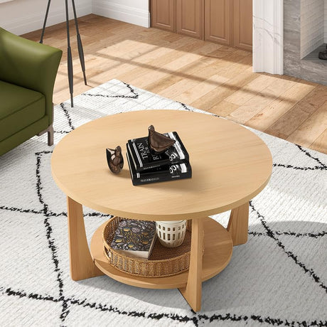 BECHAEO 31.5'' Round Coffee Table with Solid Wood Pine Legs, 2-Tier Retro Round Coffee Table with Storage Shelf, Small Modern Wood Circle Coffee Table Boho Round Center Table for Living Room (Natural) BECHAEO