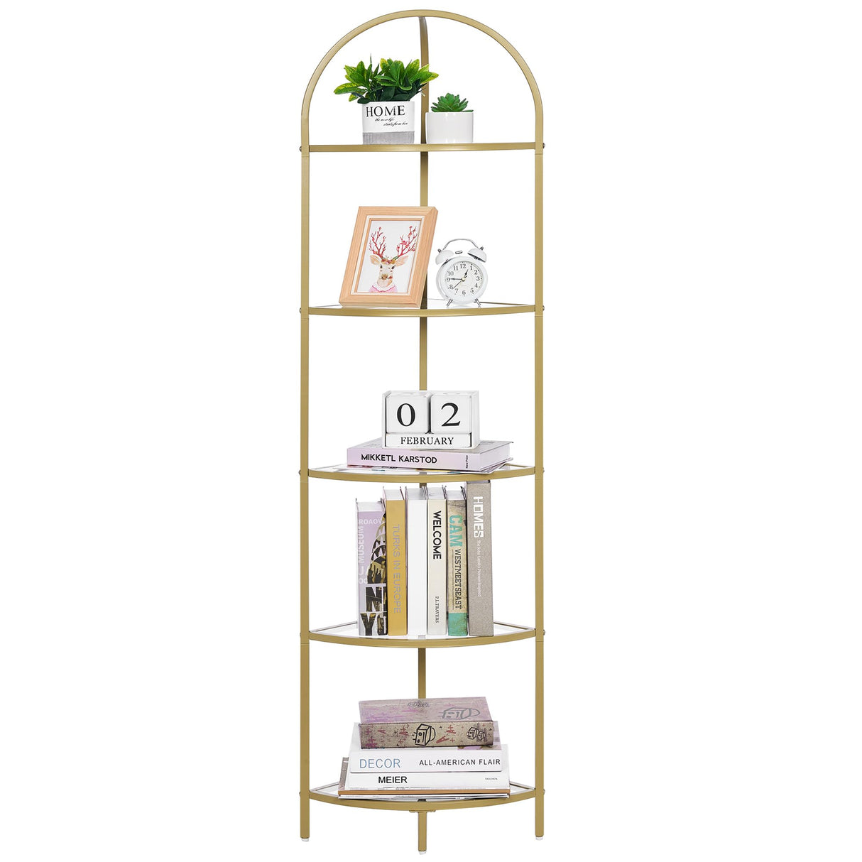 Homhedy 5-Tier Corner Shelf Stand, Metal Corner Bookshelf, Tempered Glass Shelves, Bathroom Storage Rack Shelf, Plant Stand, Modern Style,Golden Homhedy