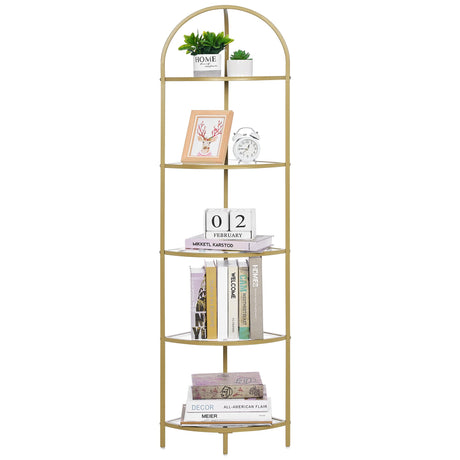 Homhedy 5-Tier Corner Shelf Stand, Metal Corner Bookshelf, Tempered Glass Shelves, Bathroom Storage Rack Shelf, Plant Stand, Modern Style,Golden Homhedy