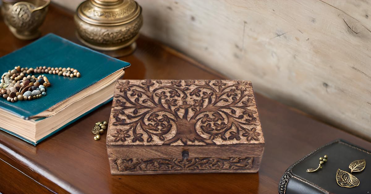 Great Birthday Gift Handmade Decorative Wooden Jewelry Box Tree Of Life Carving Jewelry Organizer Keepsake Box Treasure Chest Trinket Holder Watch Box Storage Lock Box Housewarming Gifts The Great Indian Bazaar