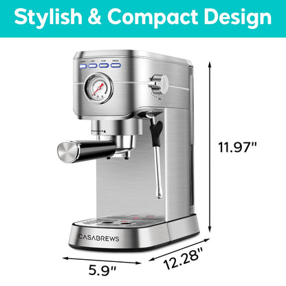 CASABREWS Espresso Machine 20 Bar, Compact Espresso Maker with Steam Milk Frother, Stainless Steel Coffee Machine with 34oz Removable Water Tank for Cappuccino, Latte, Silver