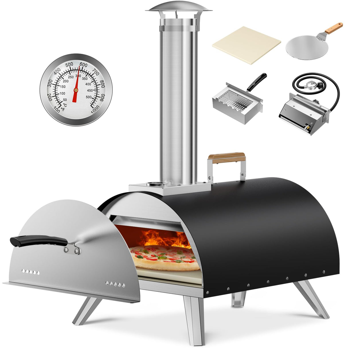 Multi-Fuel Pizza Oven Outdoor, 12" Portable Wood and Gas Fired Pizza Oven with Thermometer,Gas Hose & Pizza Stone,Heats up to 1000°F,Stainless Steel Pizza Oven for Backyard or Camping (Black) WOOCIT
