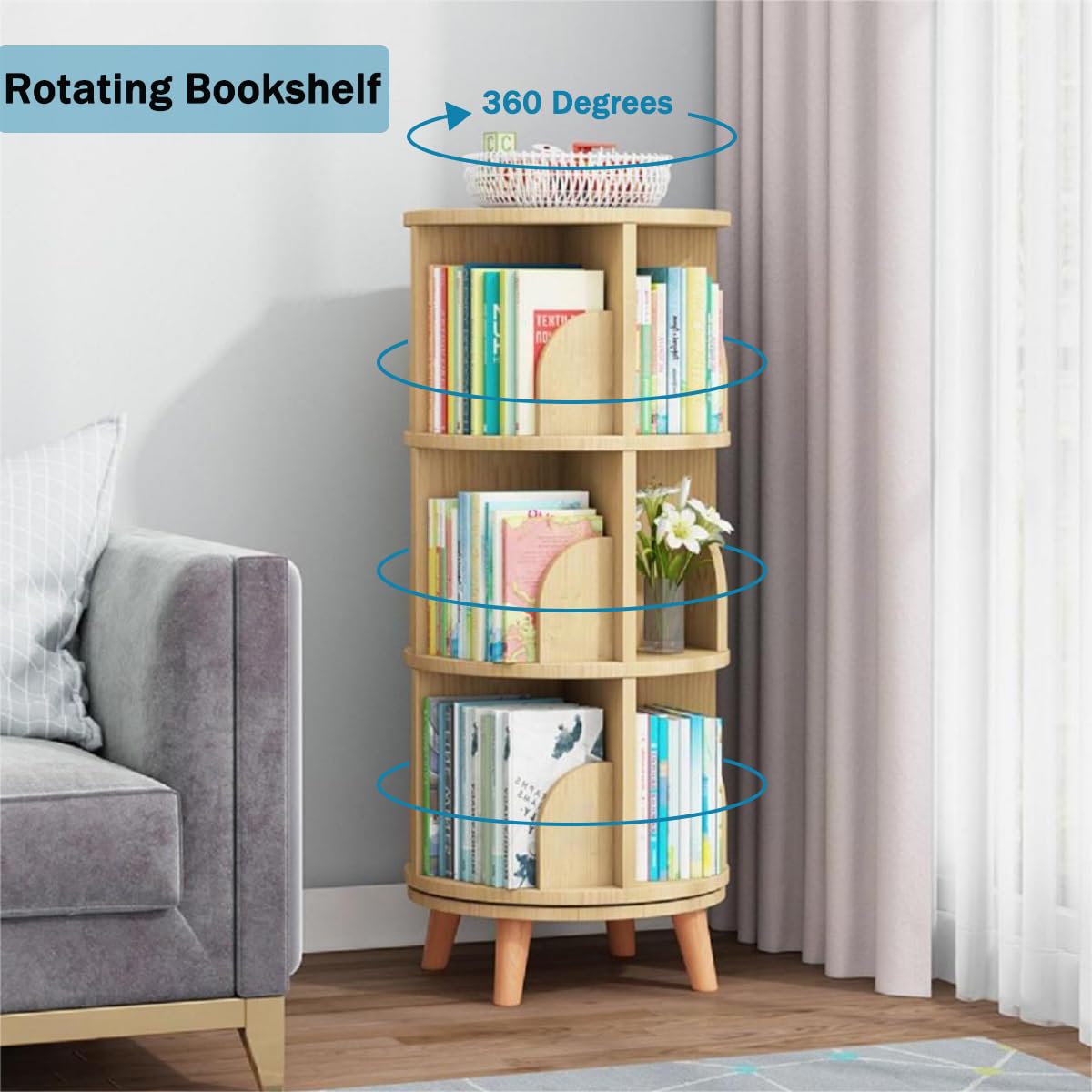 Gdrasuya10 3-Tier Natural Wood Rotating Bookshelf with 4 Legs for Easy Storage and Display - WoodArtSupply