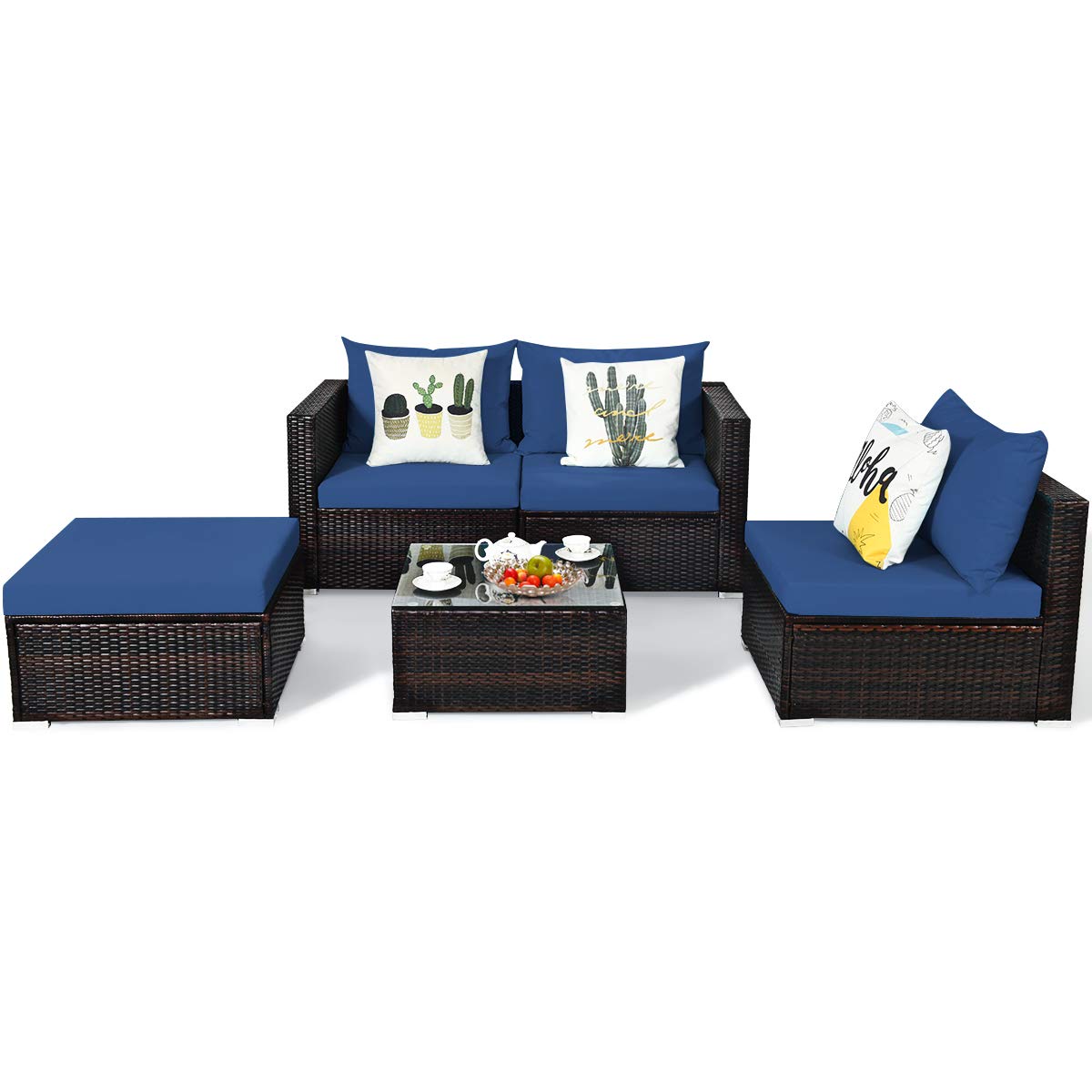 COSTWAY 5PCS Patio Rattan Furniture Set Sectional Conversation Sofa w/Coffee Table Navy COSTWAY