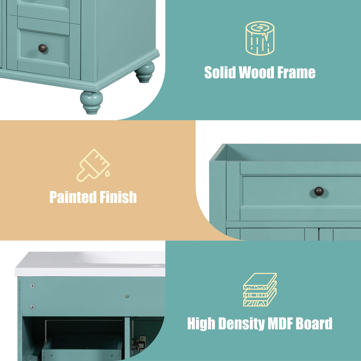 Merax 36" Bathroom Vanity Cabinet, Single Bathroom Storage Vanity with Louvered Doors and Drawers, Solid Wood Frame Bathroom Vanities Without Sink (Teal Without Sink) Merax