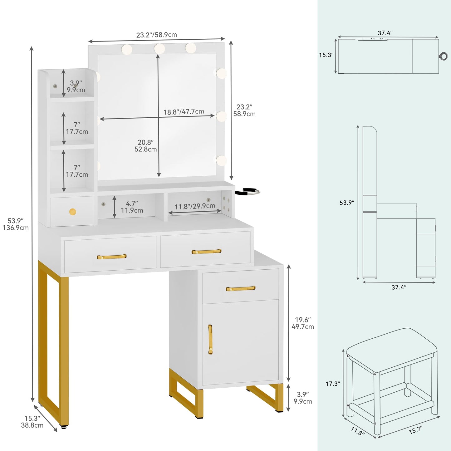 YITAHOME 41.3'' Vanity Desk with Mirror and Lights, Makeup Vanity with Drawers, Shelves, Cabinet, Power Outlet, Dressing Table Set with Stool, 3-Color Adjustable Lighting, Bedroom, Ivory White