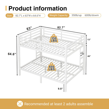 HKOLIE Queen Over Queen Bunk Bed, Metal Bunk Bed Frame Heavy Duty Bunk Beds Loft Bed Frame with Ladder and Guardrail Metal Slats No Box Spring Required for Adults Teens, White HKOLIE