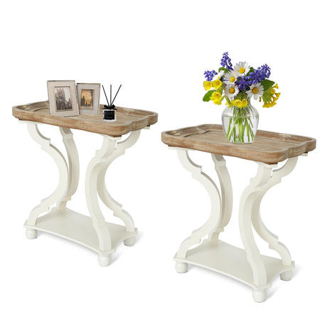 Kinfant Set of 2 Farmhouse Accent End Table with Natural Tray, Solid Wood Frame Rustic Side Table with Shelf, Nightstand for Dinning, Living Room, Bedroom Kinfant