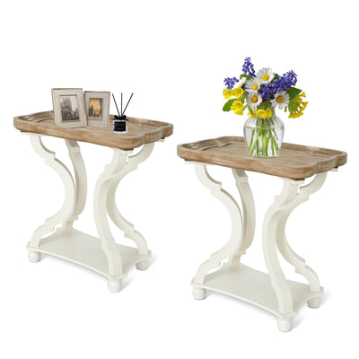 Kinfant Set of 2 Farmhouse Accent End Table with Natural Tray, Solid Wood Frame Rustic Side Table with Shelf, Nightstand for Dinning, Living Room, Bedroom