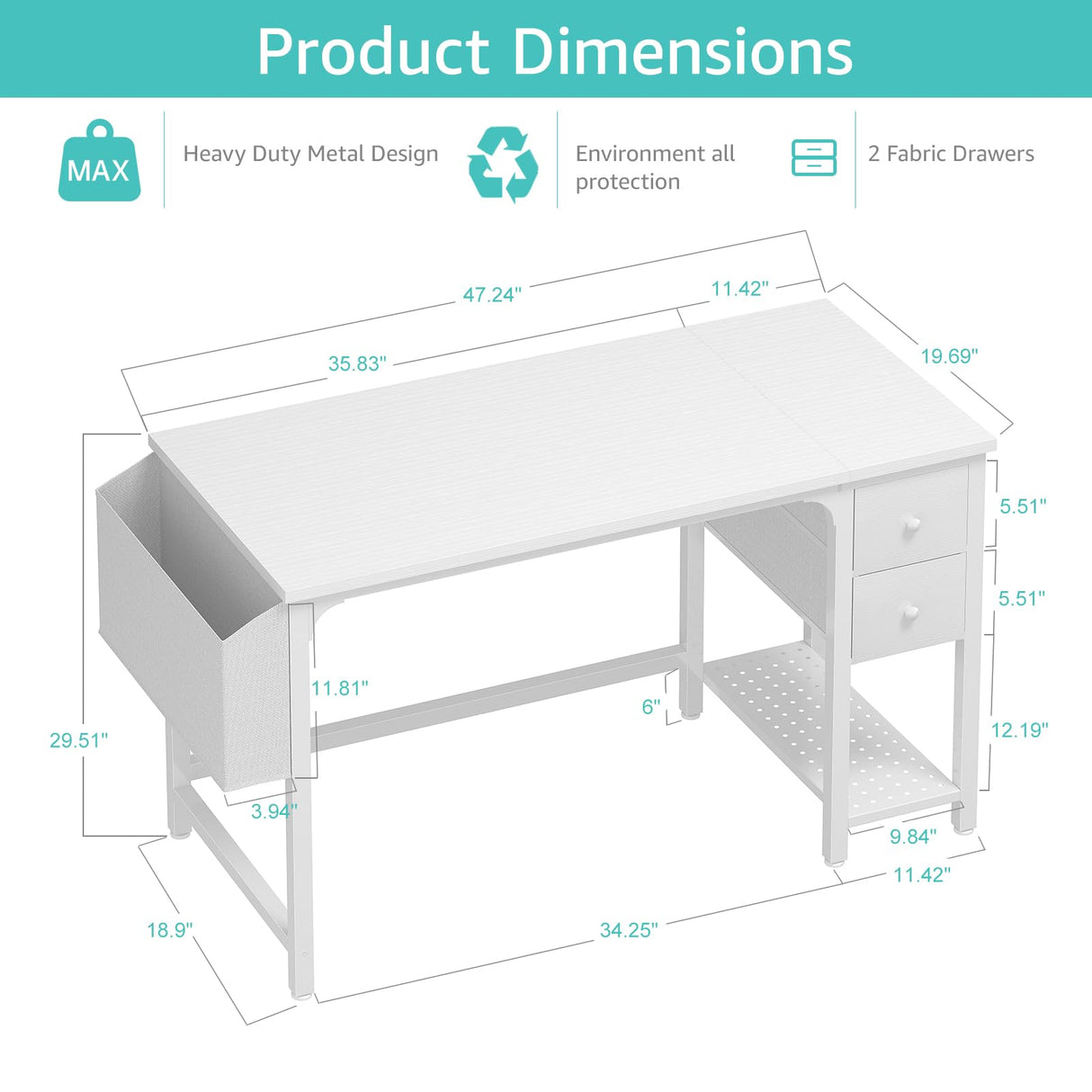 Lufeiya White Small Desk with Fabric Drawers, 47 Inch Computer Desk for Small Space Home Office, Modern Simple Study Writing Table PC Desks, White Lufeiya