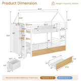 DICTAC Bunk Bed Twin Over Twin with Storage Drawers and Globe String Lights House Shaped Low Bunk Bed with Montessori Bookshelves Metal bunk Beds for Kids with Ladder and Guardrail,Space Saving,White DICTAC