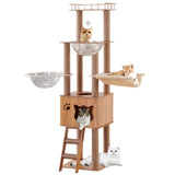 61'' Wooden cat Tree with cat Condo, Cat Stairs Scratching Posts, 2 Bowl,Sisal Scratching Posts,Cozy Cat Hammock and Top Perch. Cat Tree for Large Cats. Yinanroa