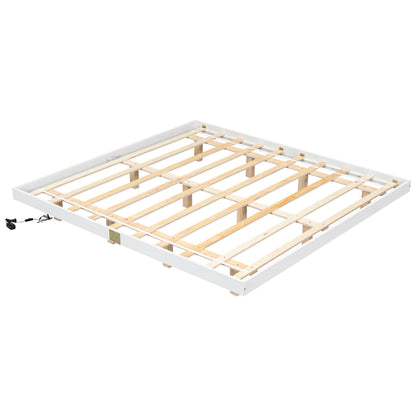 King Size Modern Floating Bed with LED Lights and Slats Support in White - WoodArtSupply