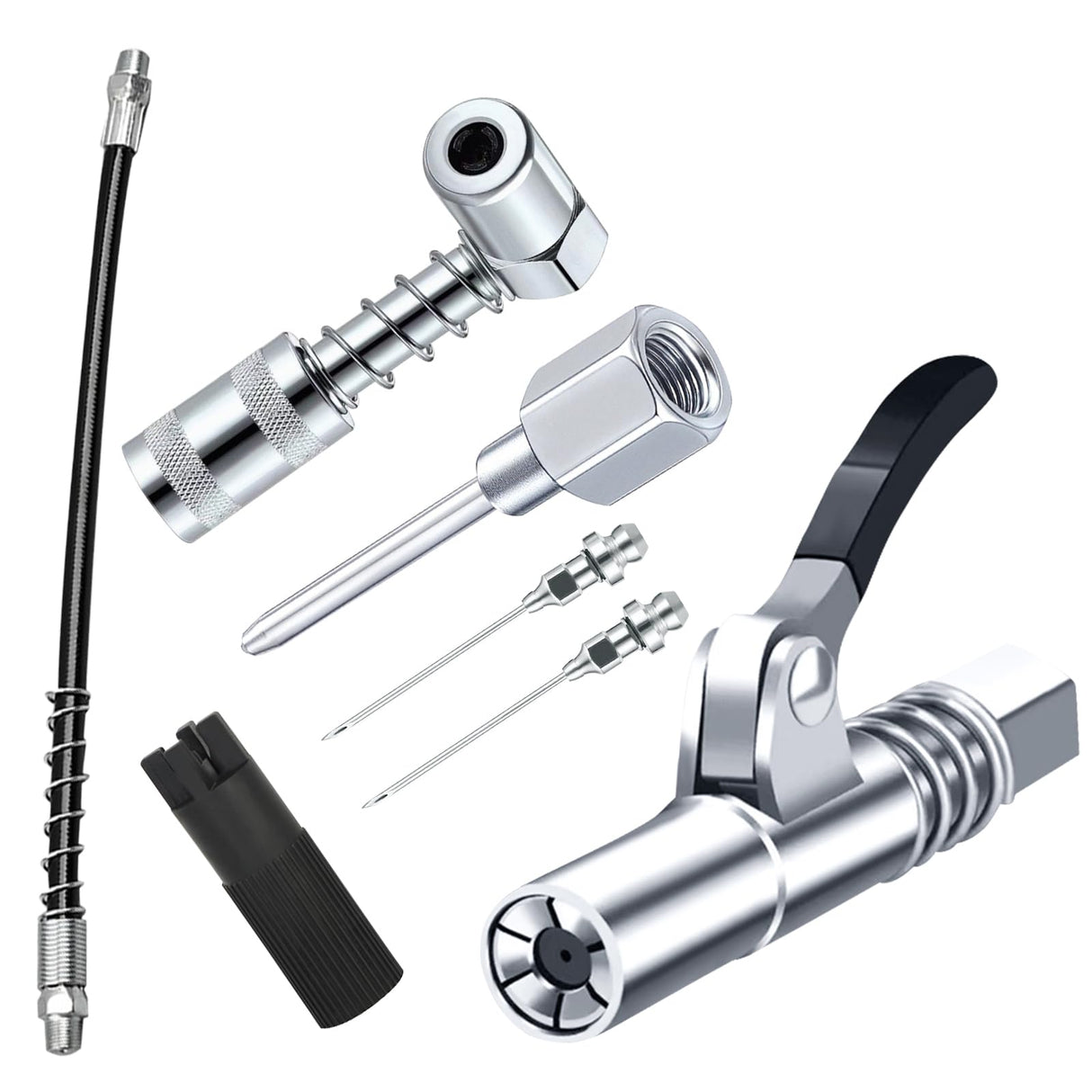 Grease Gun Accessory Kit,includes Grease Needle Dispenser, 2pcs Grease Needle Nozzles, 90 Degree Grease Coupler Adapter with Sleeves, Grease Gun Coupler, 12 Inch Grease-Gun-Hose, Zerk Fitting Cleaner GATTLELIC