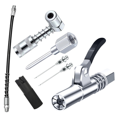 Grease Gun Accessory Kit,includes Grease Needle Dispenser, 2pcs Grease Needle Nozzles, 90 Degree Grease Coupler Adapter with Sleeves, Grease Gun Coupler, 12 Inch Grease-Gun-Hose, Zerk Fitting Cleaner GATTLELIC