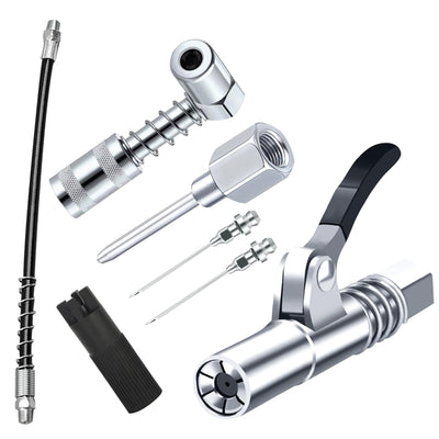 Grease Gun Accessory Kit,includes Grease Needle Dispenser, 2pcs Grease Needle Nozzles, 90 Degree Grease Coupler Adapter with Sleeves, Grease Gun Coupler, 12 Inch Grease-Gun-Hose, Zerk Fitting Cleaner