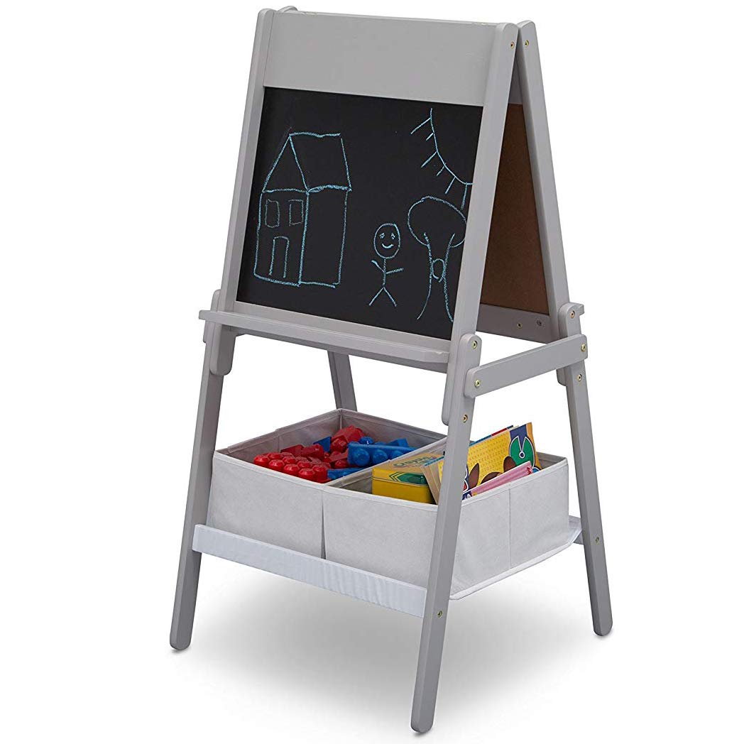 Delta Children MySize Kids Double-Sided Storage Easel -Ideal for Arts & Crafts, Drawing, Homeschooling and More - Greenguard Gold Certified, Grey - WoodArtSupply