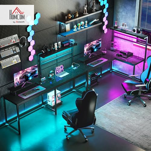 HOMCOM Gaming Desk, 62" L Shaped Desk with Power Outlets & LED Lights, 86" 2 Person Computer Table with Shelf & Rolling CPU Stand, Reversible Corner Office Table with Hutch, Black HOMCOM