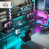 HOMCOM Gaming Desk, 62" L Shaped Desk with Power Outlets & LED Lights, 86" 2 Person Computer Table with Shelf & Rolling CPU Stand, Reversible Corner Office Table with Hutch, Black HOMCOM