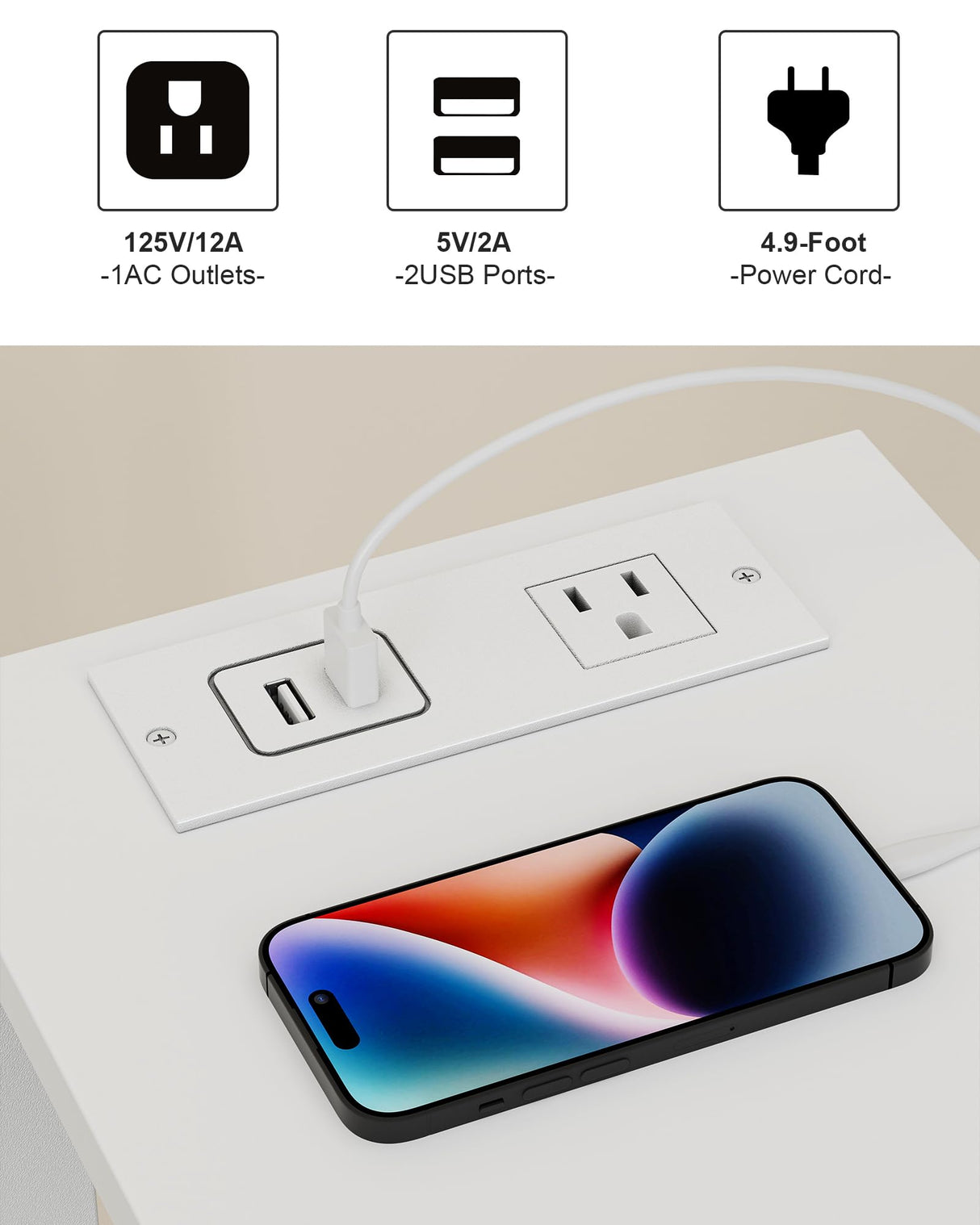 TUTOTAK Small End Table with Charging Station, Narrow Side Table with USB Ports and Outlets, Skinny Sofa Table, Slim Nightstand, Living Room, Bed Room, White TB01BW060 TUTOTAK