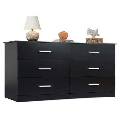 WLIVE Wood Dresser for Bedroom, Wide Chest of Drawers with 6 Drawer, Oak Furniture Large Storage Tower Unit, Closet Store Organizer for Living Room, Hallway, Long Nightstand, Modern Minimalist Black WLIVE
