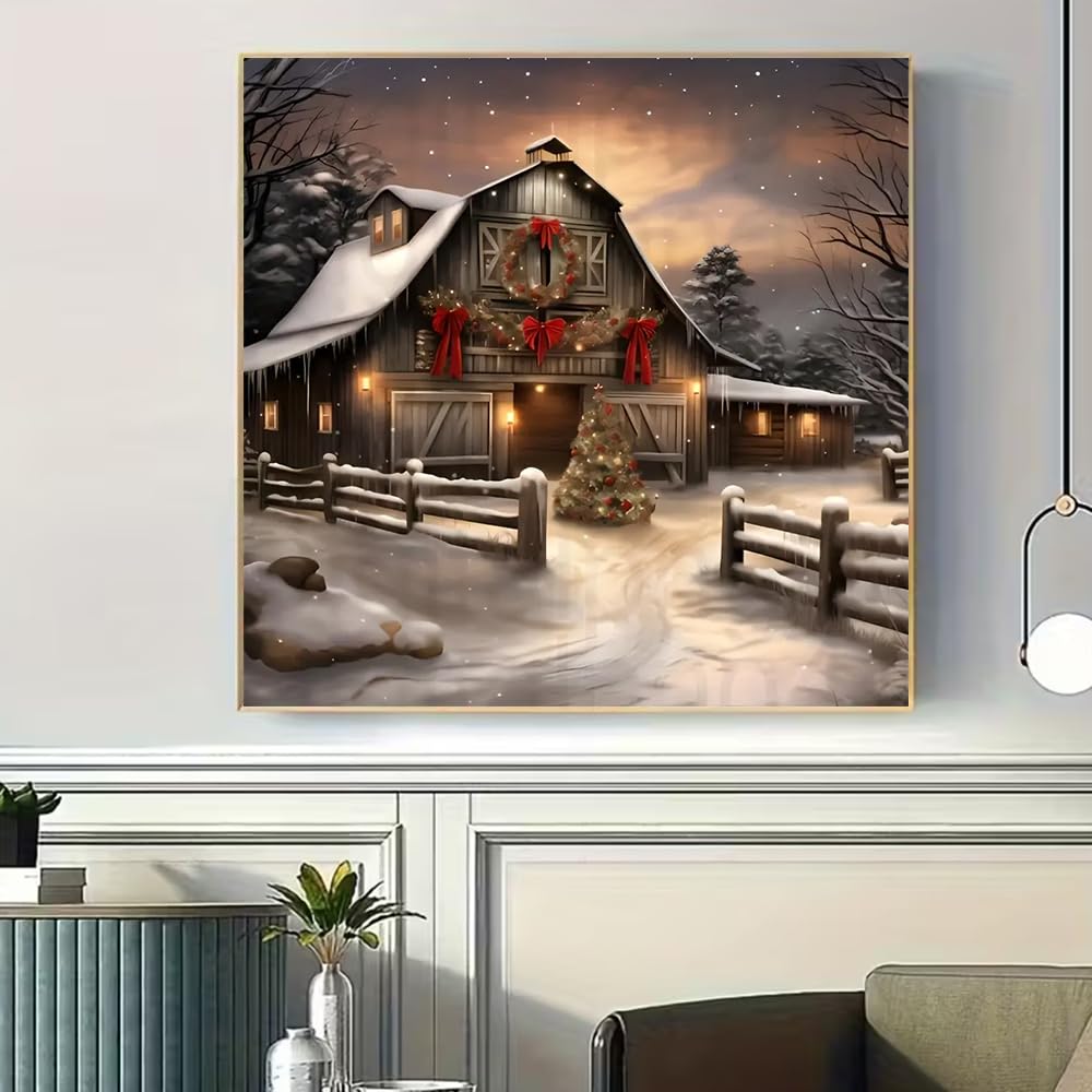 BOHADIY Christmas Night Diamond Painting Kits for Adults, 5D Snowy Winter Diamond Art Kits for Adults Beginner, DIY Full Drill Farm House Diamonds Paintings Gem Art and Crafts Kit Home Decor 12x12inch BOHADIY