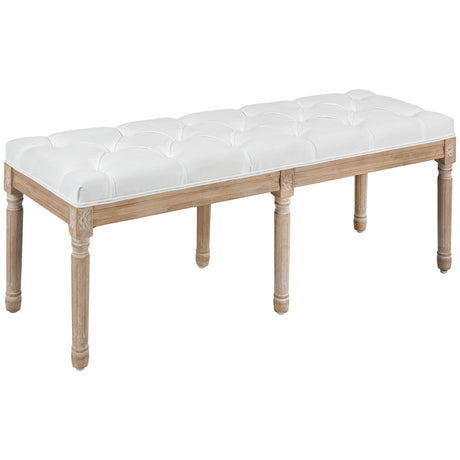 HOMCOM Bedroom End of Bed Bench, 46" Upholstered Entryway Bench with Button Tufted, Thick Padding and Wood Legs, French Vintage Style Linen-Feel Ottoman Bench for Hallway, Living Room, Cream White HOMCOM