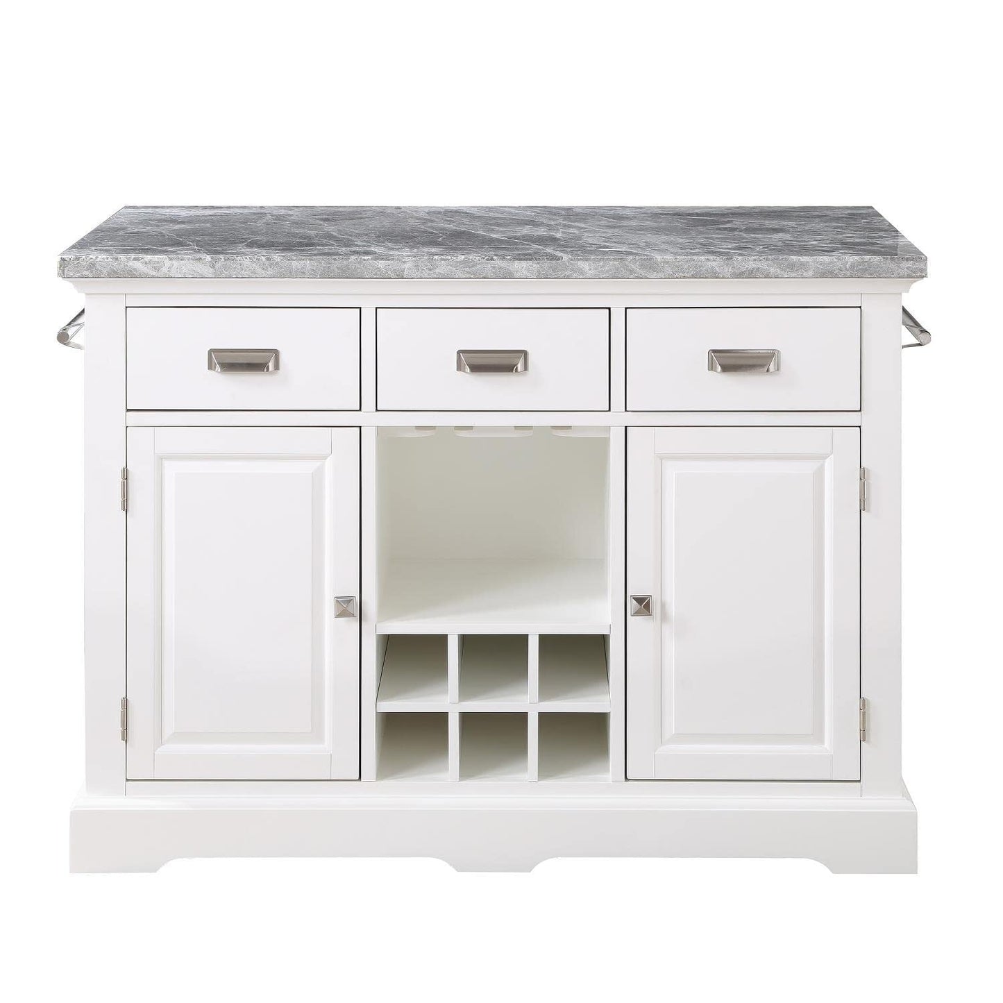 Steve Silver Furniture Zermatt Marble Kitchen Island Counter, 48" Grey Marble Top w/ Dual Storage Doors, 3 Drawers, Wine Rack, Dual Towel-Rack, Seats 2, (Island Only), 48"L x 28"W x 36"H, Grey, White