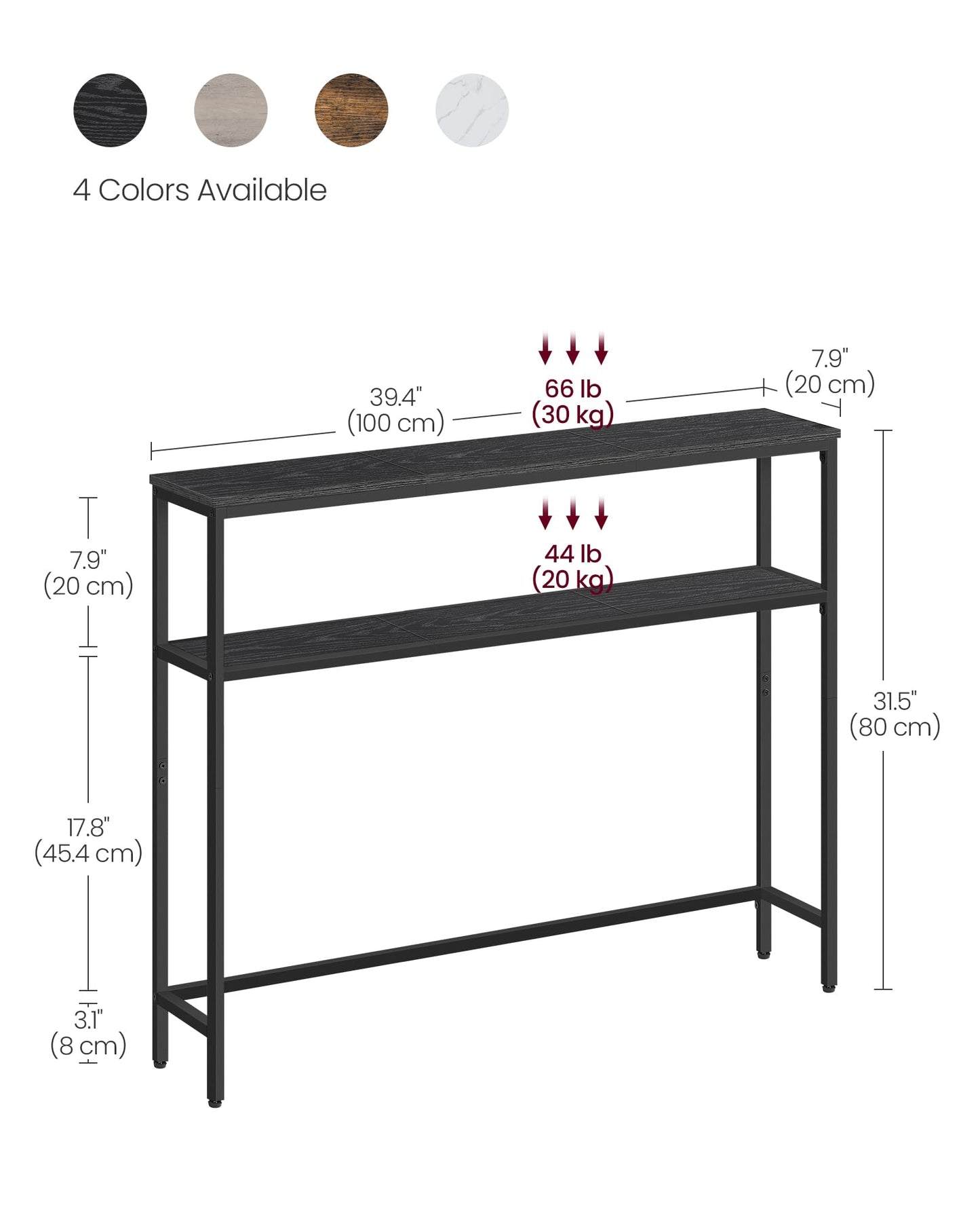 VASAGLE Console Table, 2-Tier Sofa Table, 7.9 x 39.4 x 31.5 Inches, Narrow Entryway Table, Modern Entry Table with 2 Shelves, for Living Room, Bedroom, Charcoal Gray and Ink Black ULNT131B22