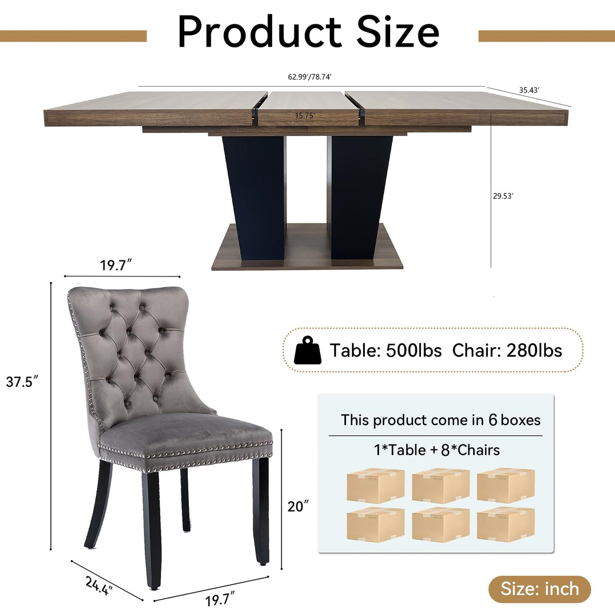 9 Piece Extendable Dining Table Set, Farmhouse Extendable Dining Table Set for 8, 78.74" Rustic Wooden Expandable Kitchen Table and Grey Velvet Chairs Set of 8, Expanding Dining Room Table Set for 8 TehRecBT