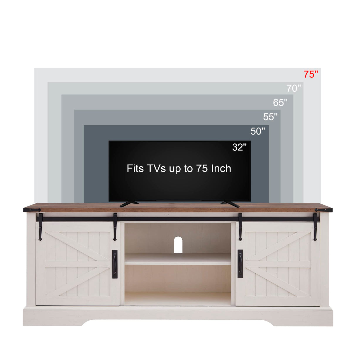 OKD Farmhouse TV Stand for 75 Inch TV with Sliding Barn Door, Rustic Wood Entertainment Center Large Media Console Cabinet Long Television Stands for 70 Inch TVs, Antique White OKD