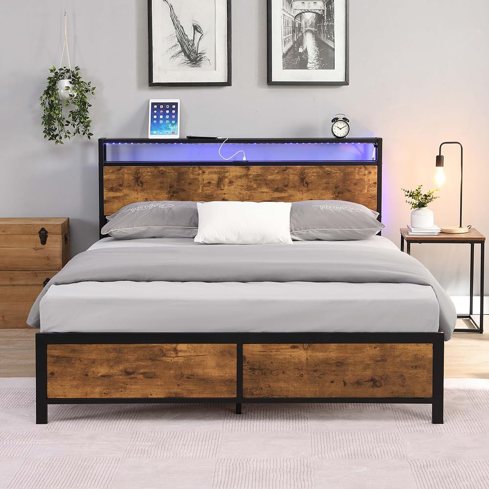 CNANXU Modern Industrial Queen Bed Frame with LED Lights and 2 USB Ports, Queen Size Platform Bed Frame with Wood Storage Headboard, Noise Free, No Box Spring Needed, Rustic Brown (Queen) CNANXU