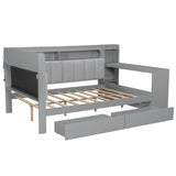 MaiDeHaoo Full Size Daybed with Storage Shelves and Upholstered Headboard, Corner Bed Frame with L-Shaped Bookcase, Drawers and Charging Station, Captains Bedframe with LED Light and Backrest, Grey MaiDeHaoo