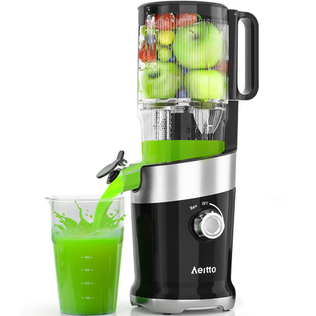 Juicer Machines, Aeitto Cold Press Juicer,4.9" Wide Mouth Fits for Whole Fruits and Vegetables, Slow Masticating Juicer Easy to Clean, High Juice Yield,Black Aeitto