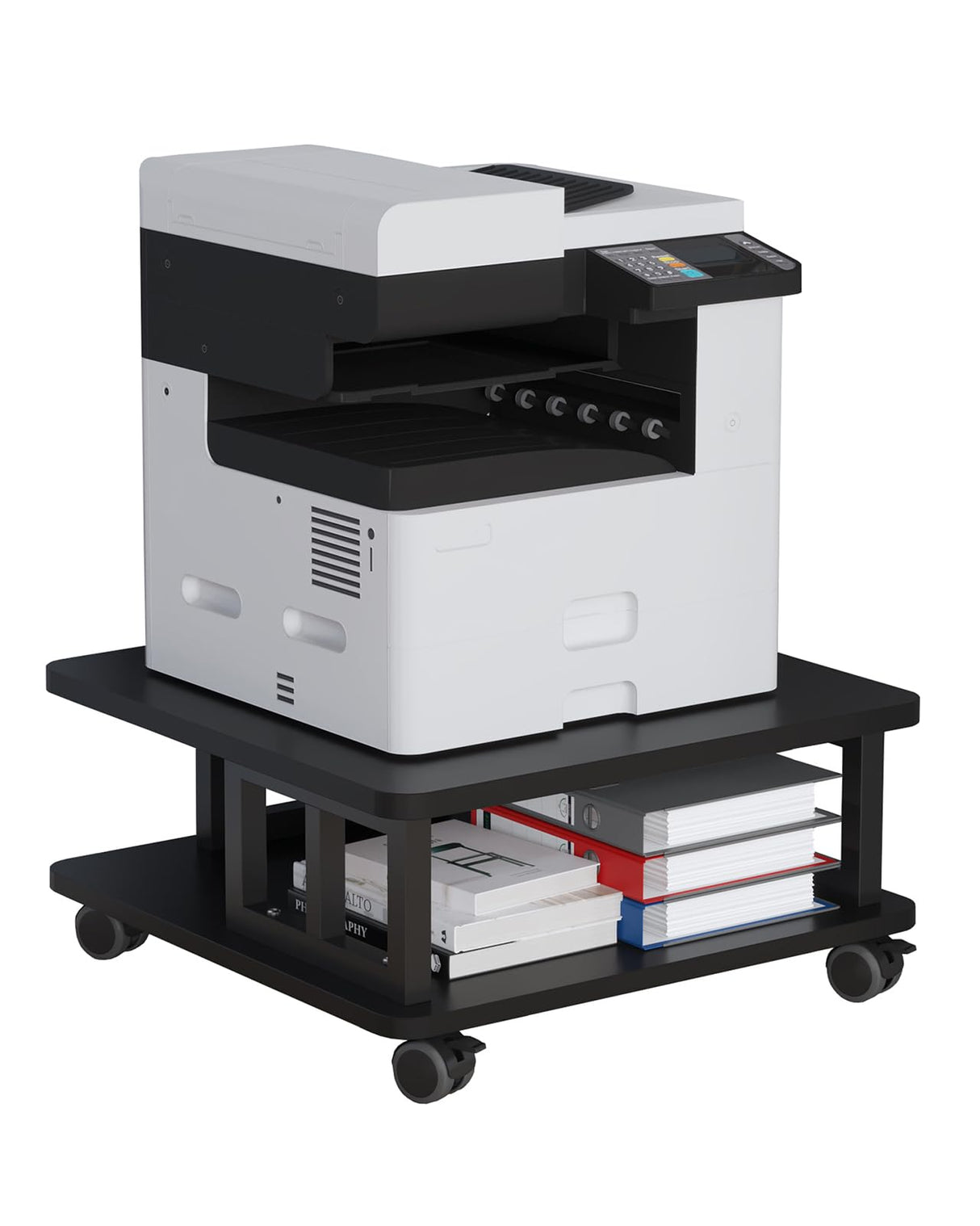 AOOSSI Mobile Printer Stand, 2-Tier Large Printer Shelf for Laser 3D Printer Office Machine with Storage, 23.6"x23.6" Wood Printer Cart Under Desk Rack with Wheels for Office Home Kitchen (Black) AOOSSI