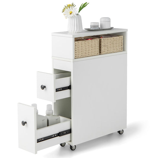 Tangkula Slim Bathroom Storage Cabinet, Movable Narrow Toilet Side Cabinet w/2 Slide Out Drawers, 2 Rattan Baskets & Shelves, Toilet Paper Holder on Wheels for Small Spaces